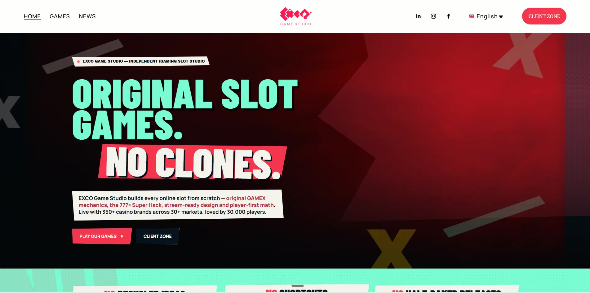 EXCO Game Studios forside med udgivne og kommende spilleautomater
