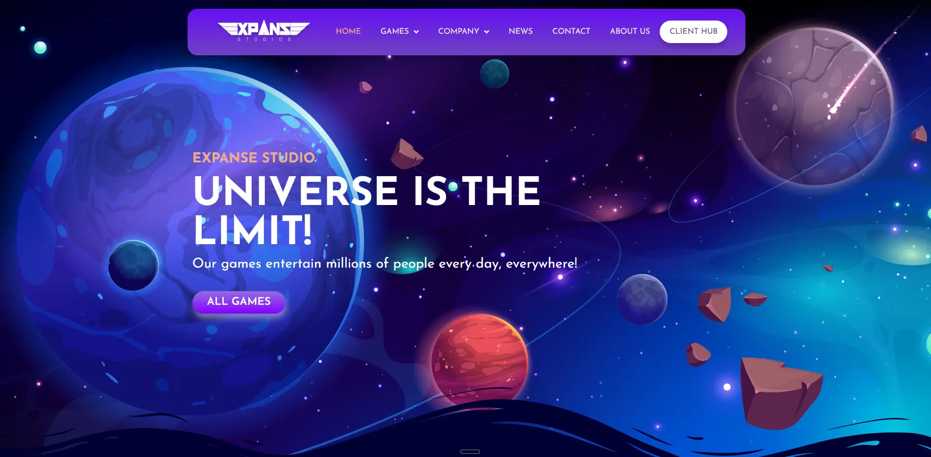 Expanse Studios forside med spil, licenser og studiets produktkatalog